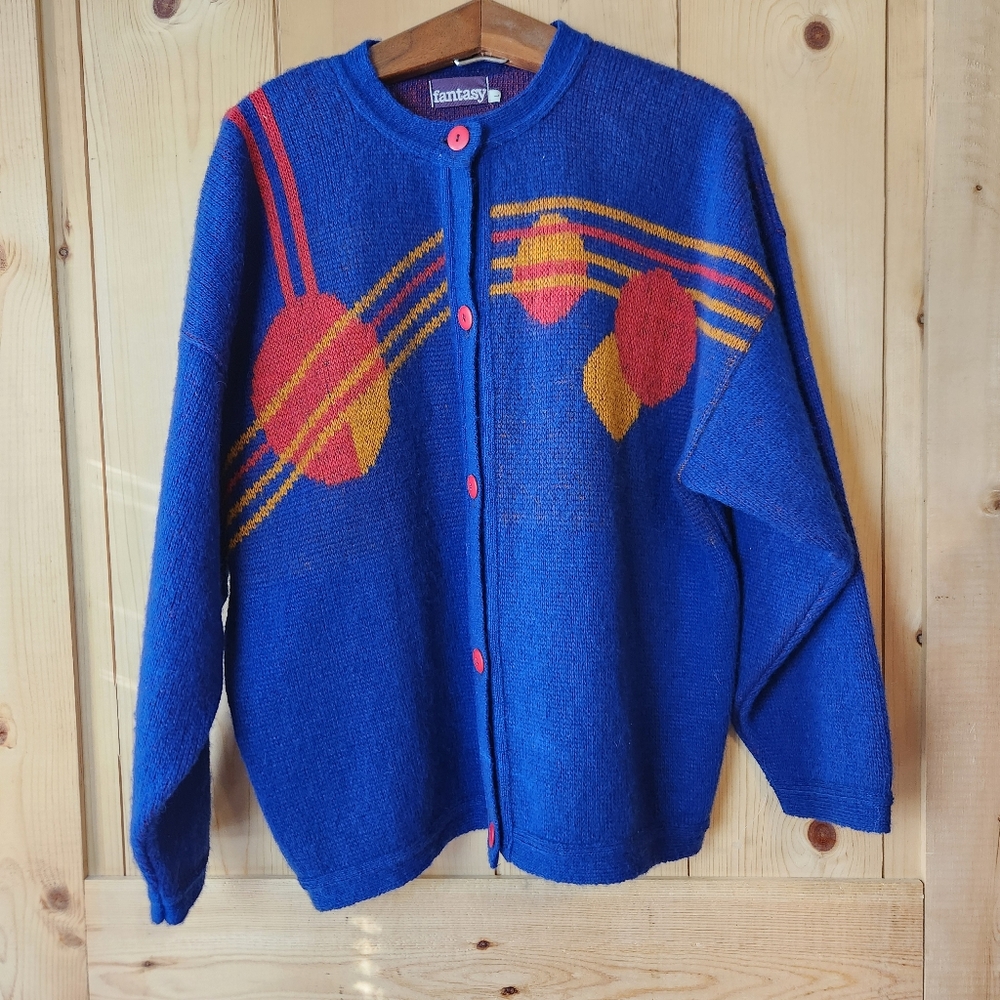 Vintage Fantasy Oversized Wool Blend Solar Design Button-Up Cardigan Sweater